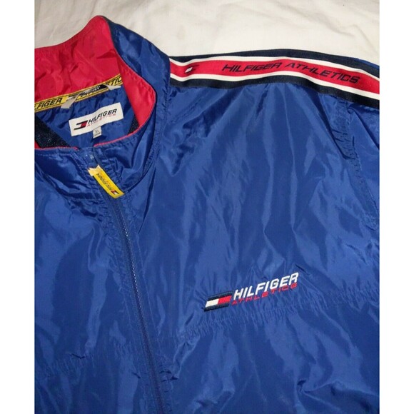 Vintage 90s TOMMY HILFIGER Windbreaker Jacket L Sport Tape Logo Sleeves Box Logo